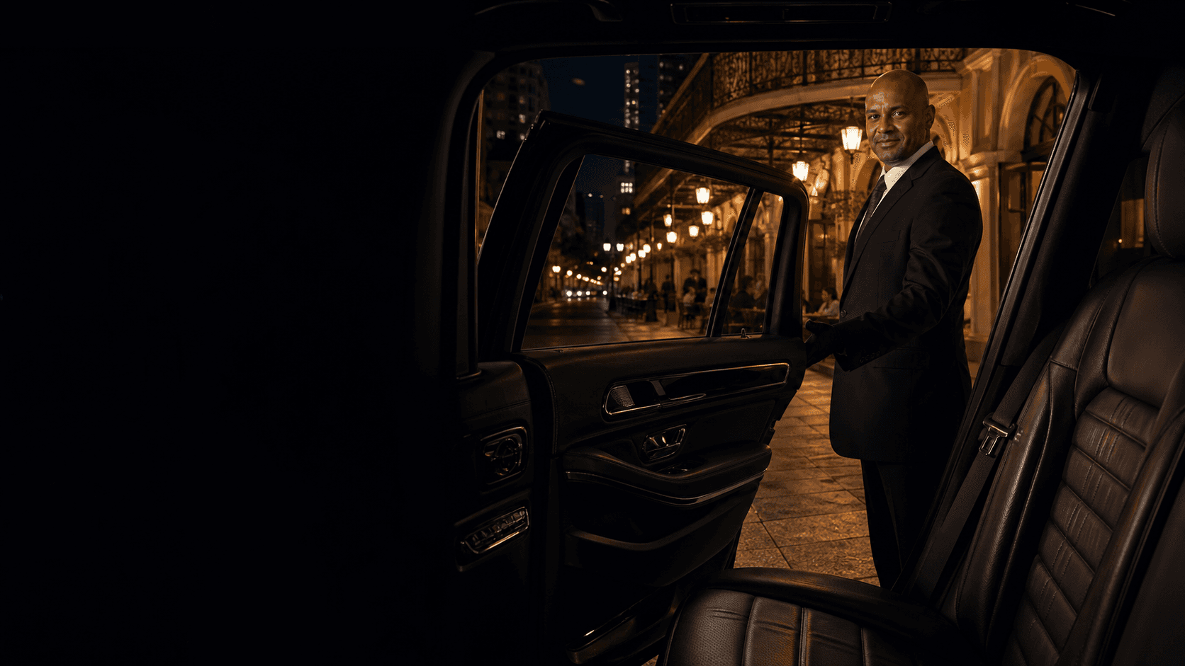 A chauffeur holding open the rear door of a black SUV in New Orleans