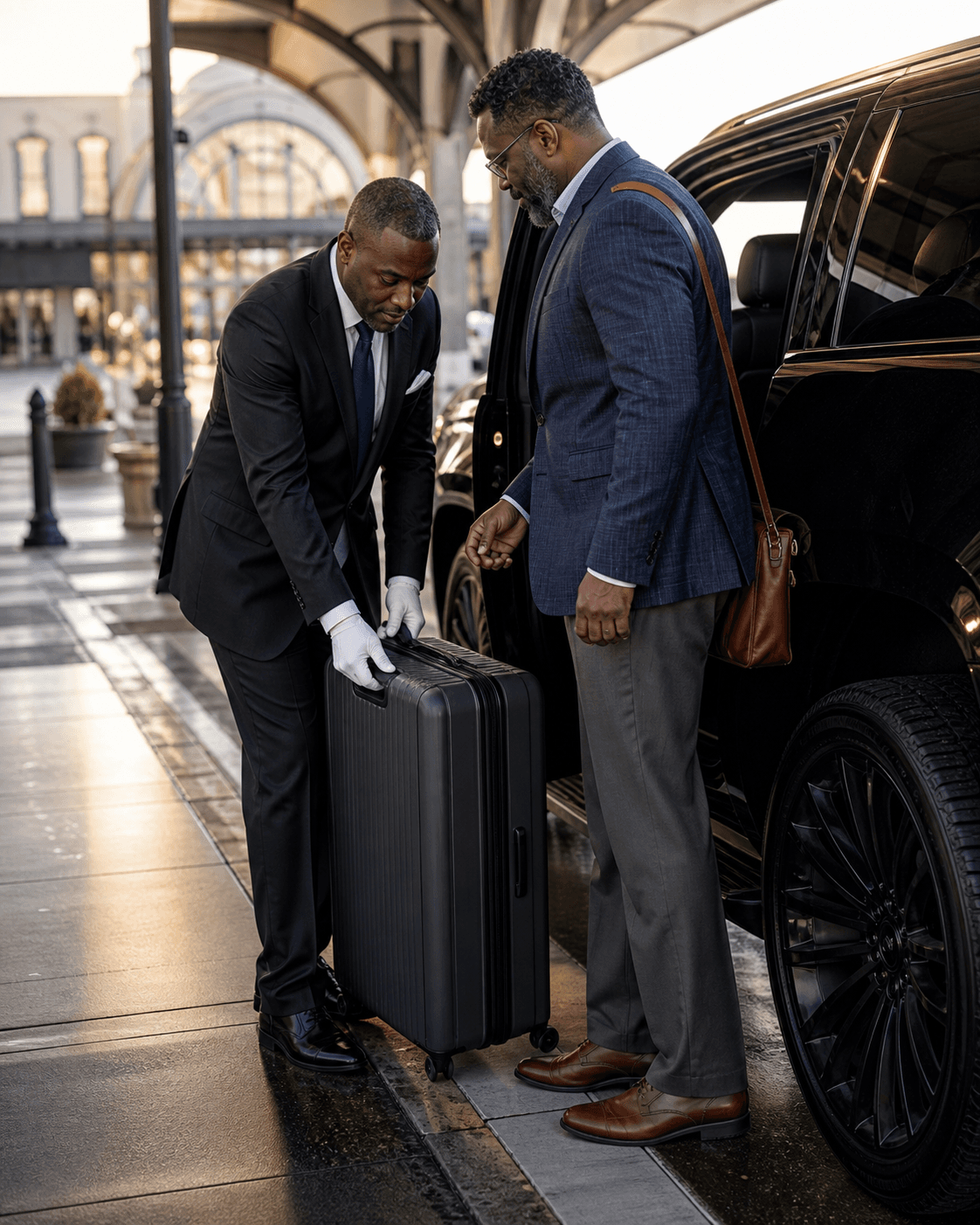 Dominion chauffeur assisting a business traveler with luggage