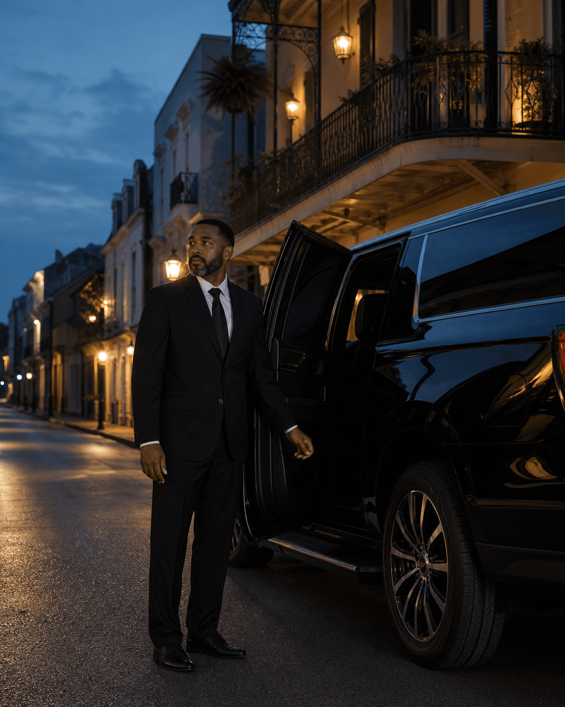 Professional Dominion chauffeur beside a black SUV in New Orleans