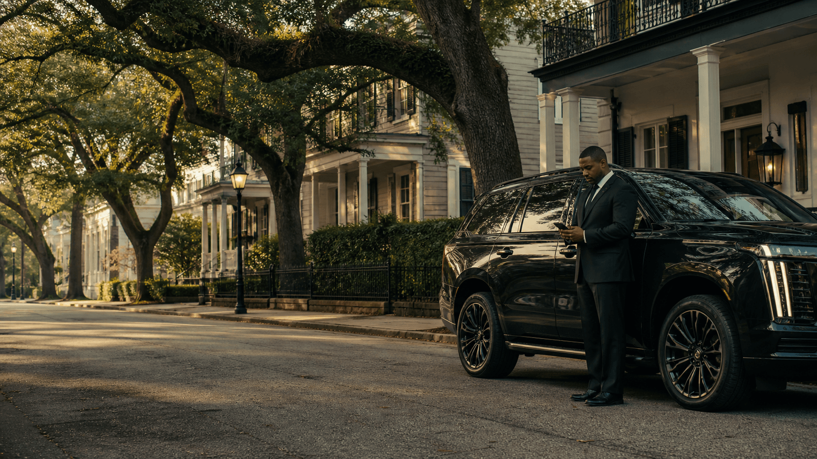 A chauffeur reviewing the route on a quiet New Orleans street
