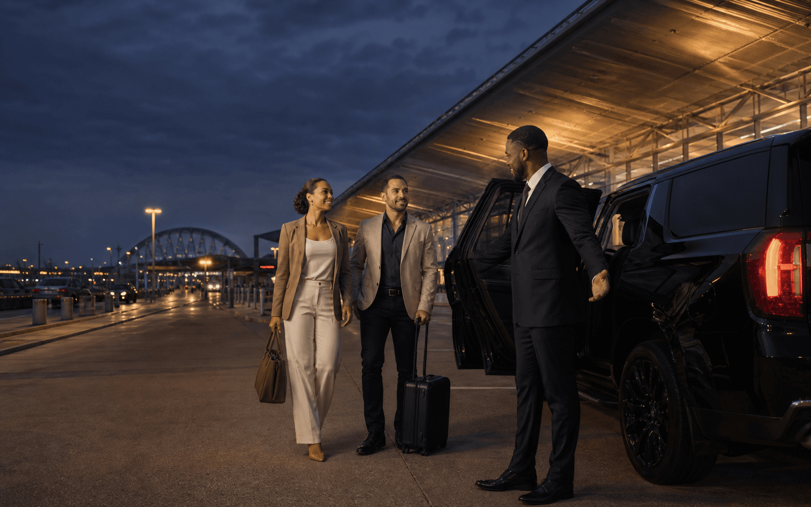 Dominion chauffeur welcoming travelers beside a black SUV at the airport