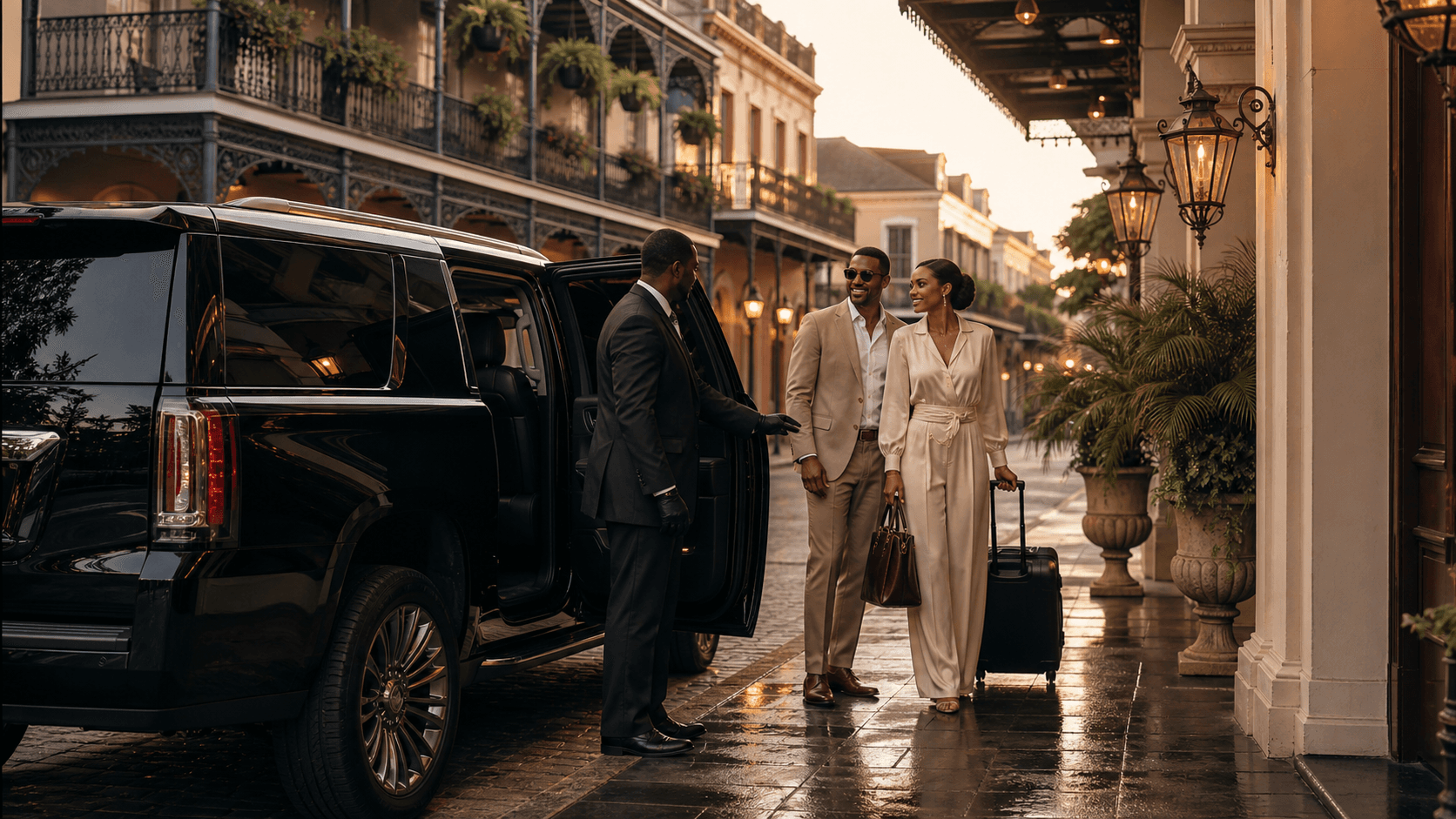 Dominion chauffeur welcoming travelers at a New Orleans hotel