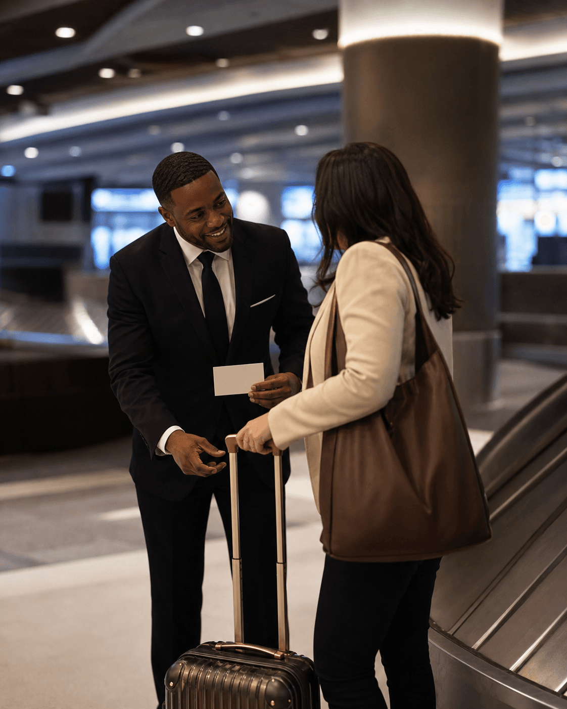 Dominion chauffeur greeting a traveler at baggage claim