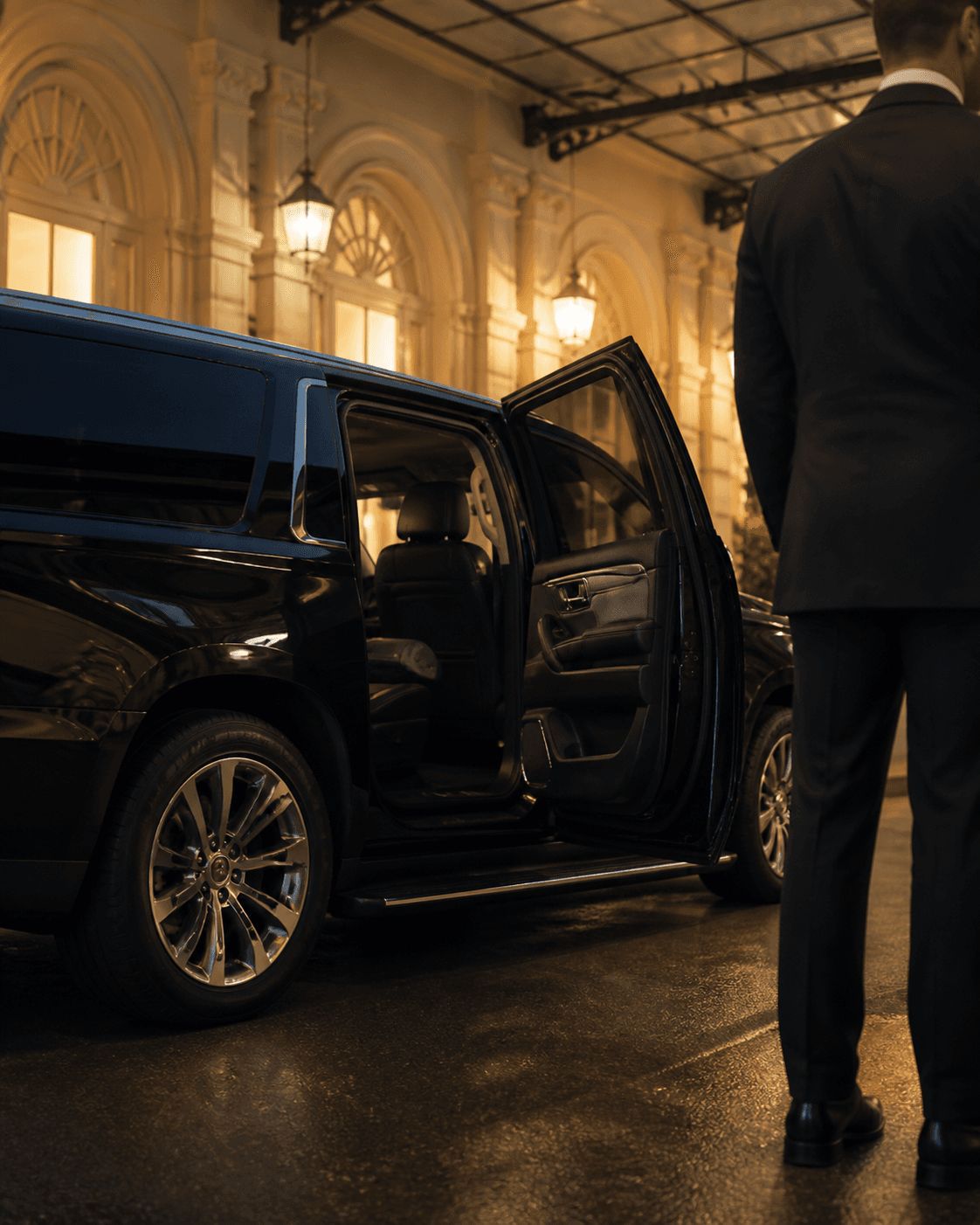 A pickup-ready black SUV with its rear door open at a New Orleans hotel