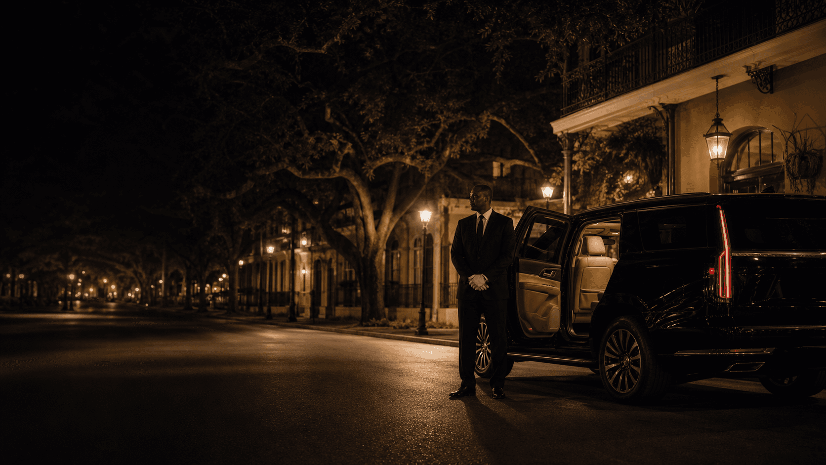 A chauffeur waiting beside a black SUV on a quiet New Orleans street