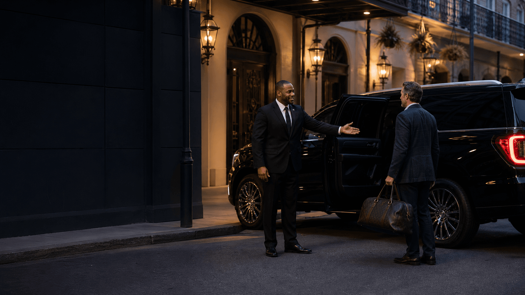A Dominion chauffeur welcoming a traveler beside a black SUV in New Orleans
