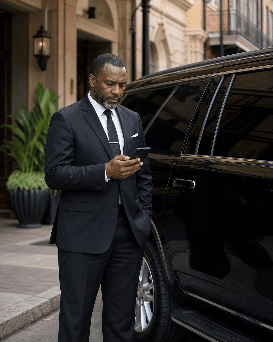 A chauffeur reviewing a guest itinerary before pickup