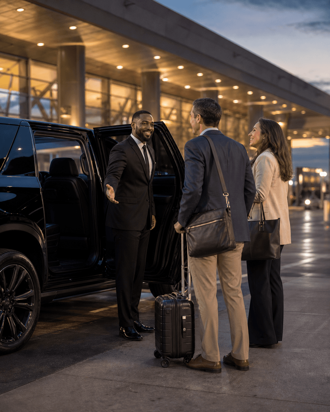Dominion chauffeur welcoming business travelers at the airport