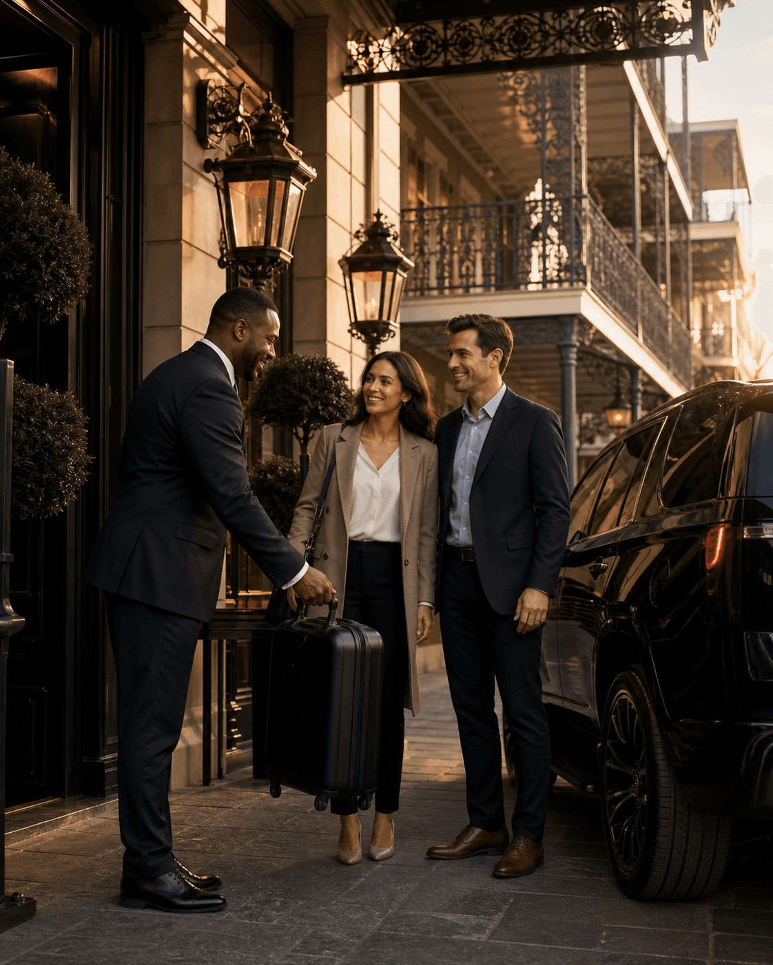 Dominion chauffeur welcoming visiting executives at a New Orleans hotel