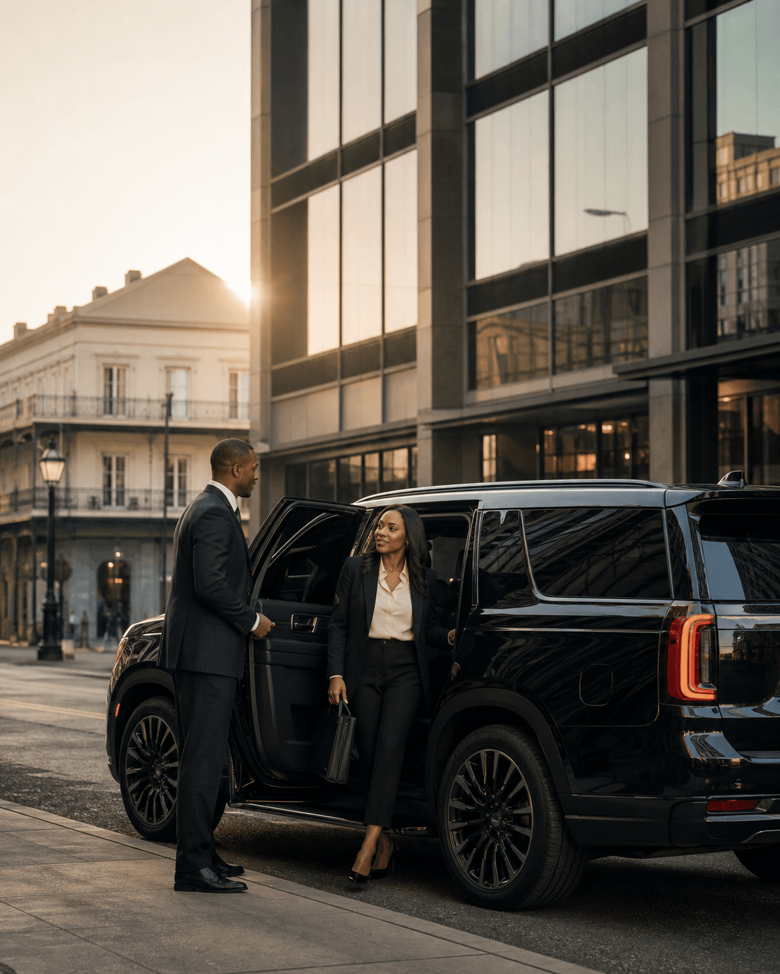 Dominion chauffeur opening a black SUV for a New Orleans executive