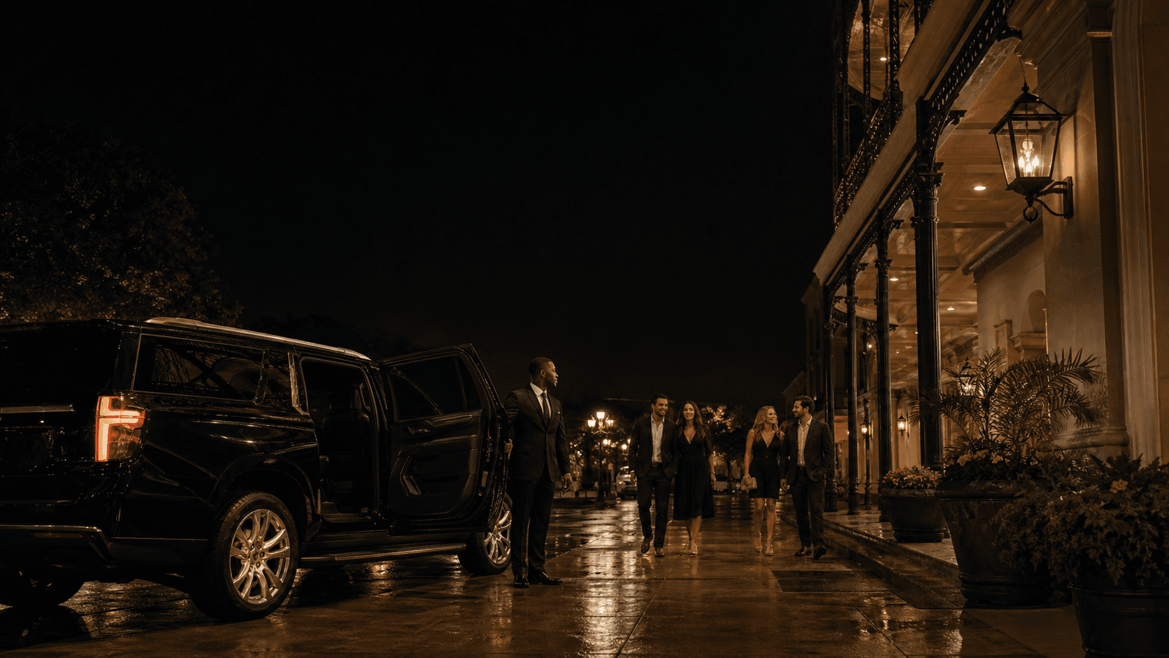 Dominion chauffeur waiting outside a New Orleans event venue at night