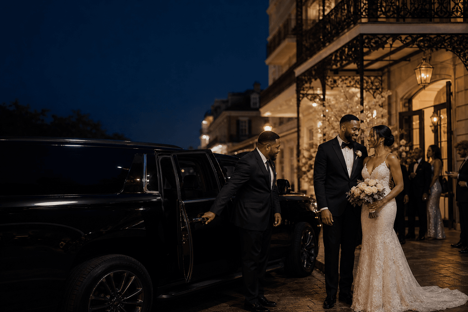 Dominion chauffeur preparing a black SUV for newlyweds at a New Orleans venue