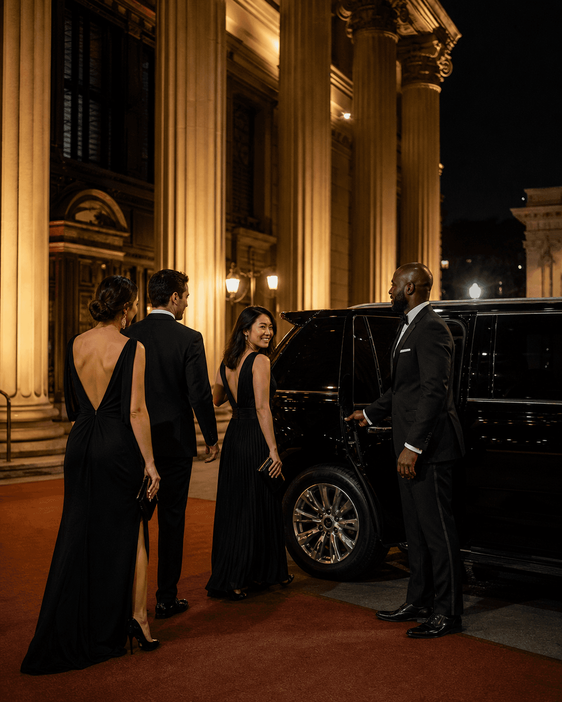 Dominion chauffeur welcoming black-tie guests at a gala