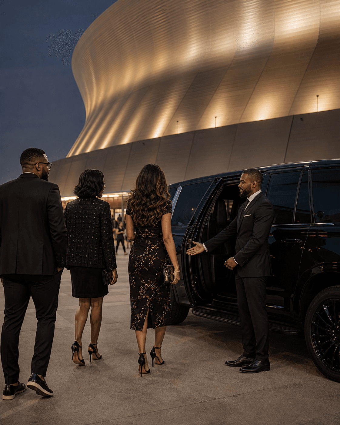 Dominion chauffeur welcoming guests outside a New Orleans stadium