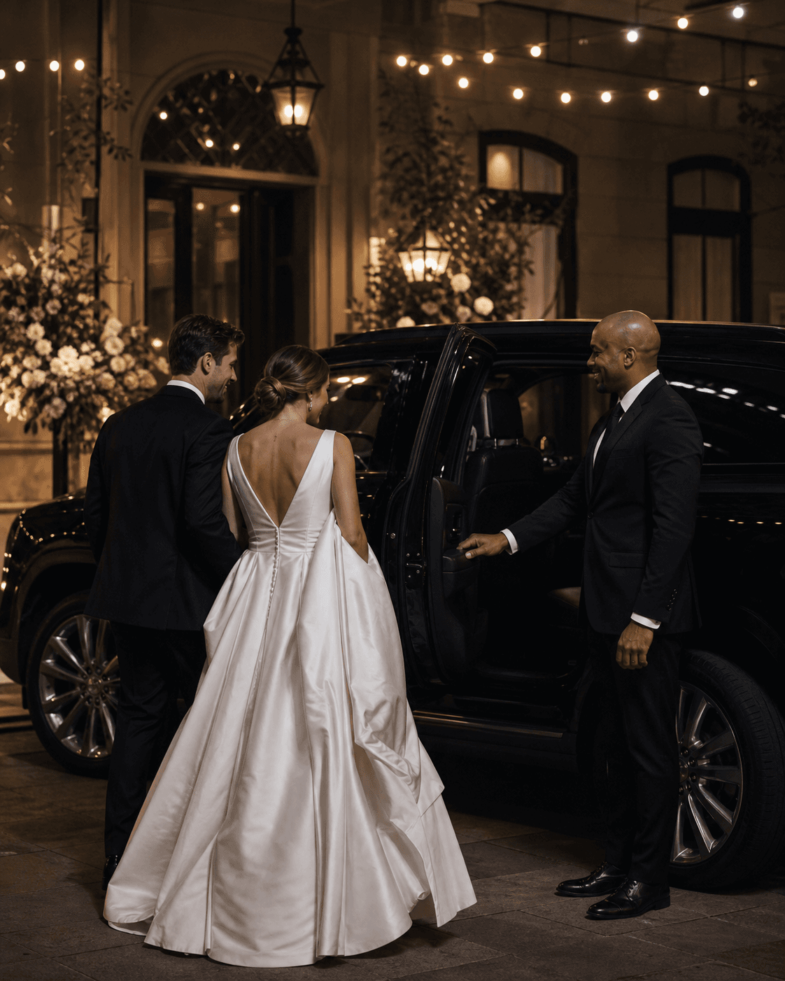 Dominion chauffeur preparing a black SUV for newlyweds
