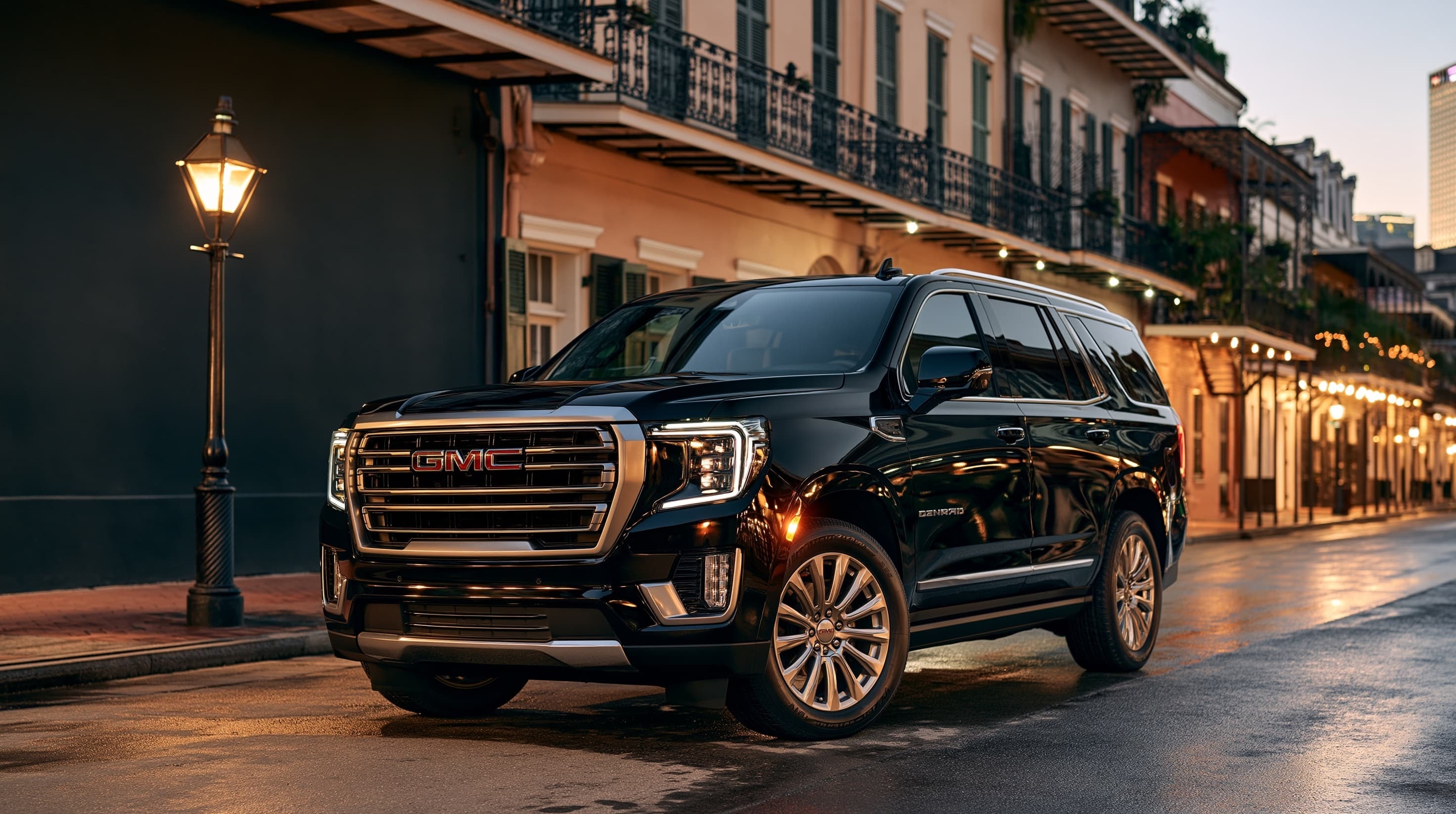 Black GMC Yukon Denali on a New Orleans street at dusk