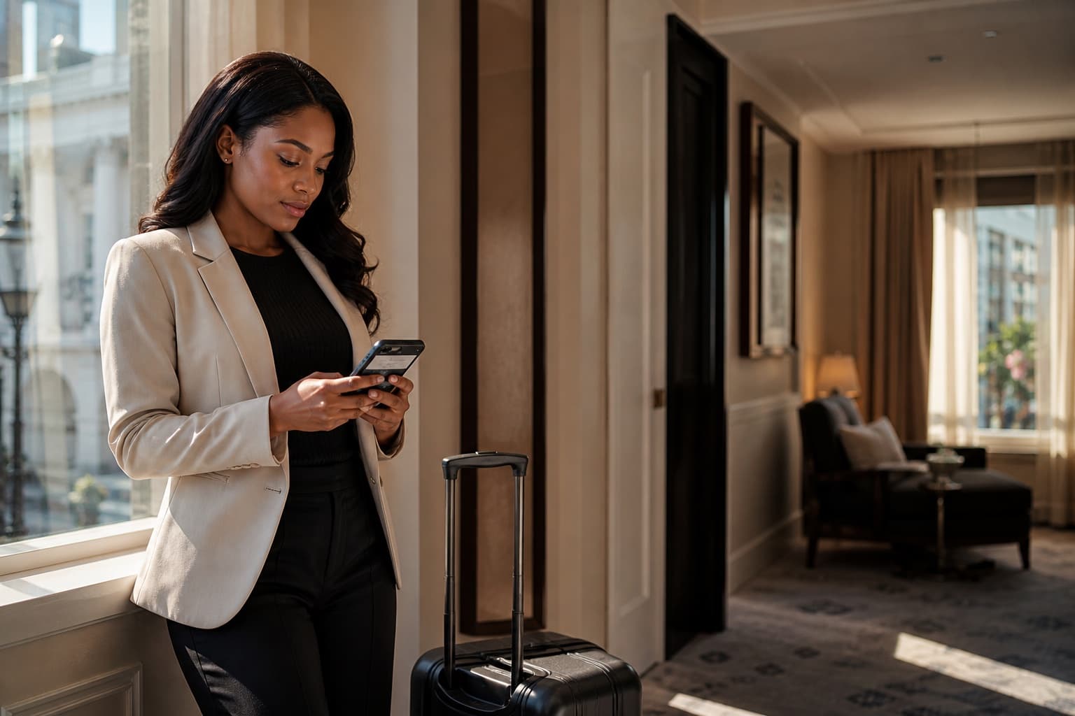 A business traveler reviewing her Dominion reservation before departure