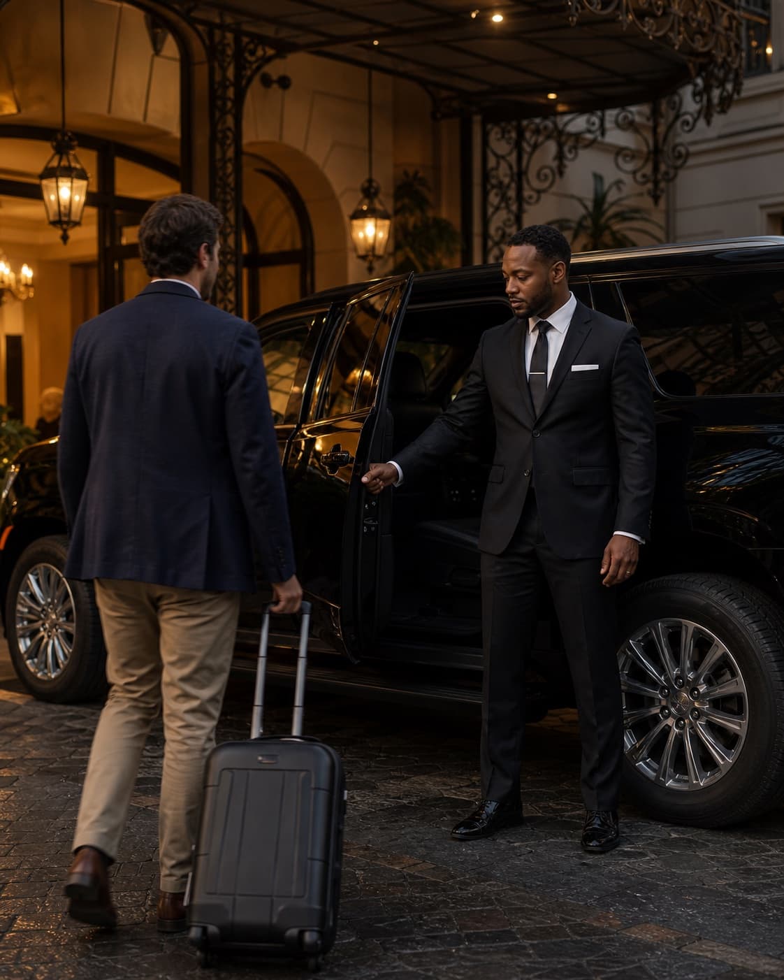 A Dominion chauffeur welcoming an arriving traveler