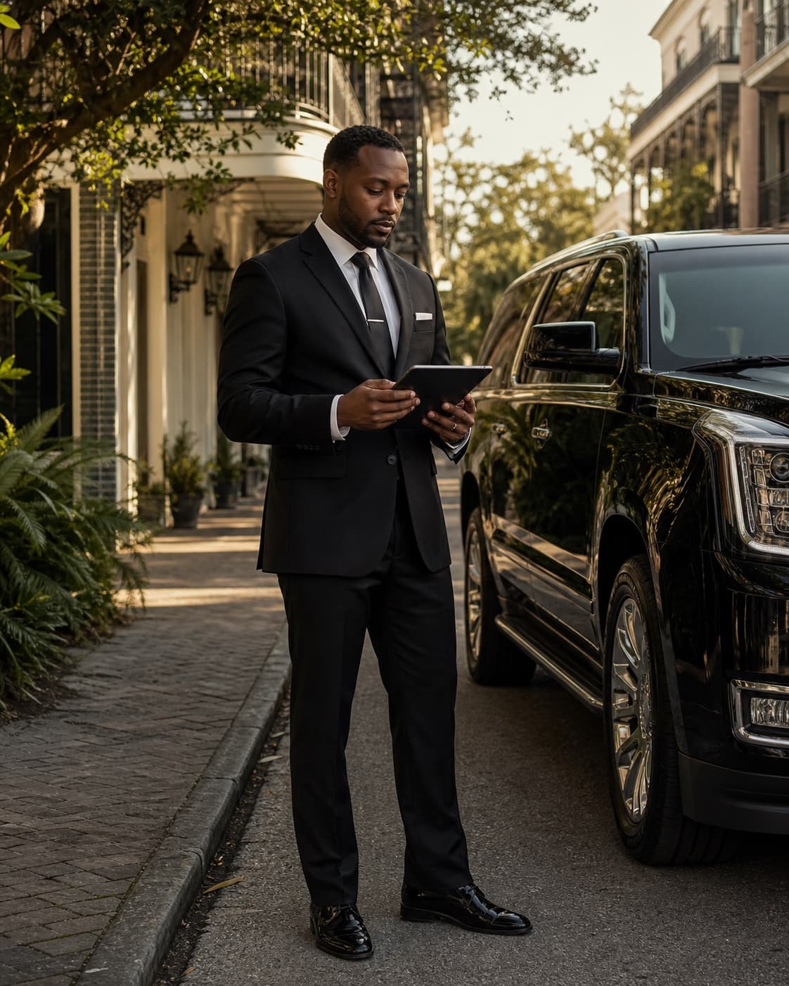 A Dominion chauffeur reviewing a rider itinerary