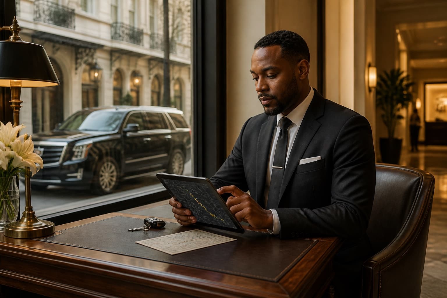 A chauffeur reviewing a detailed rider itinerary