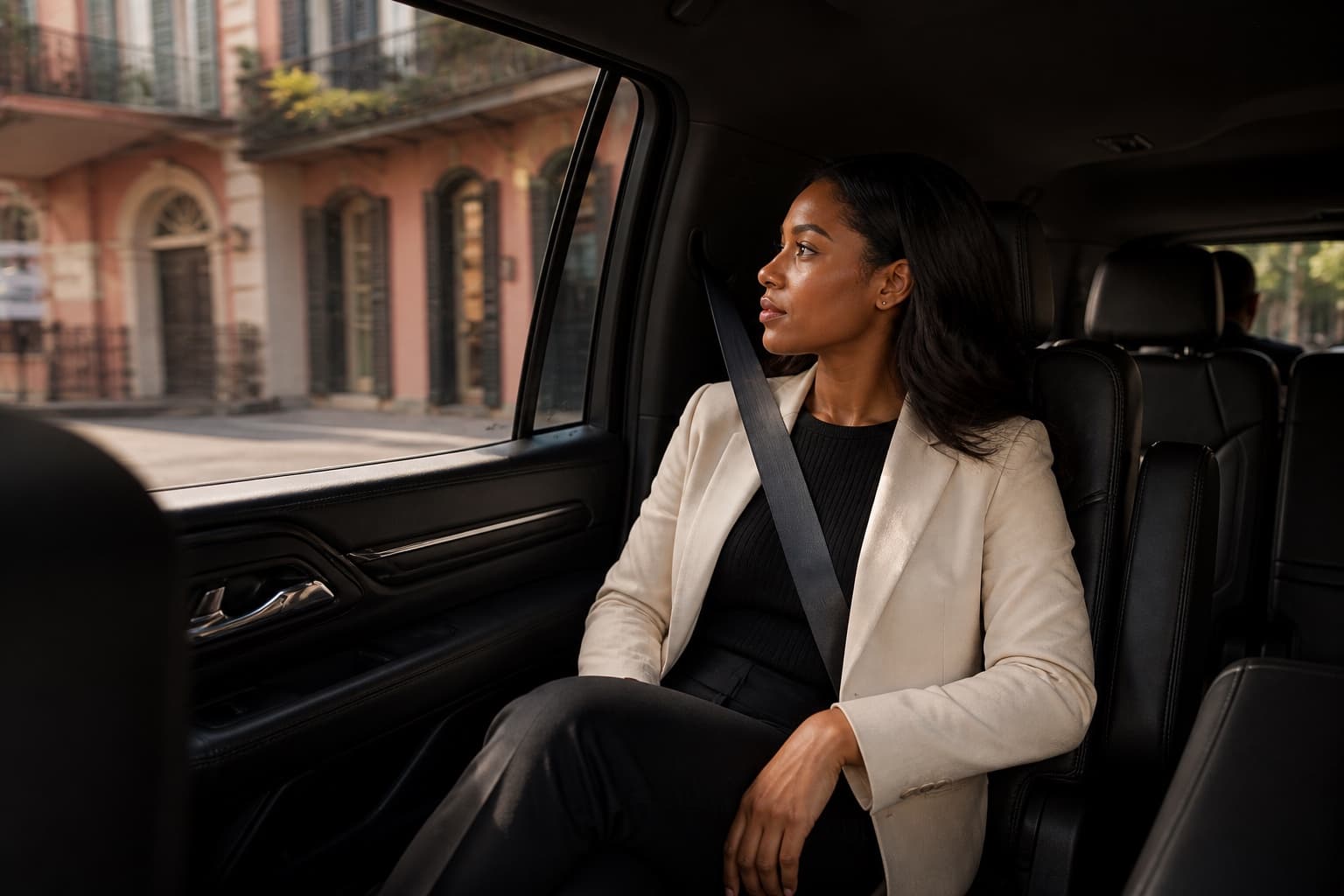 A Dominion traveler riding comfortably through New Orleans