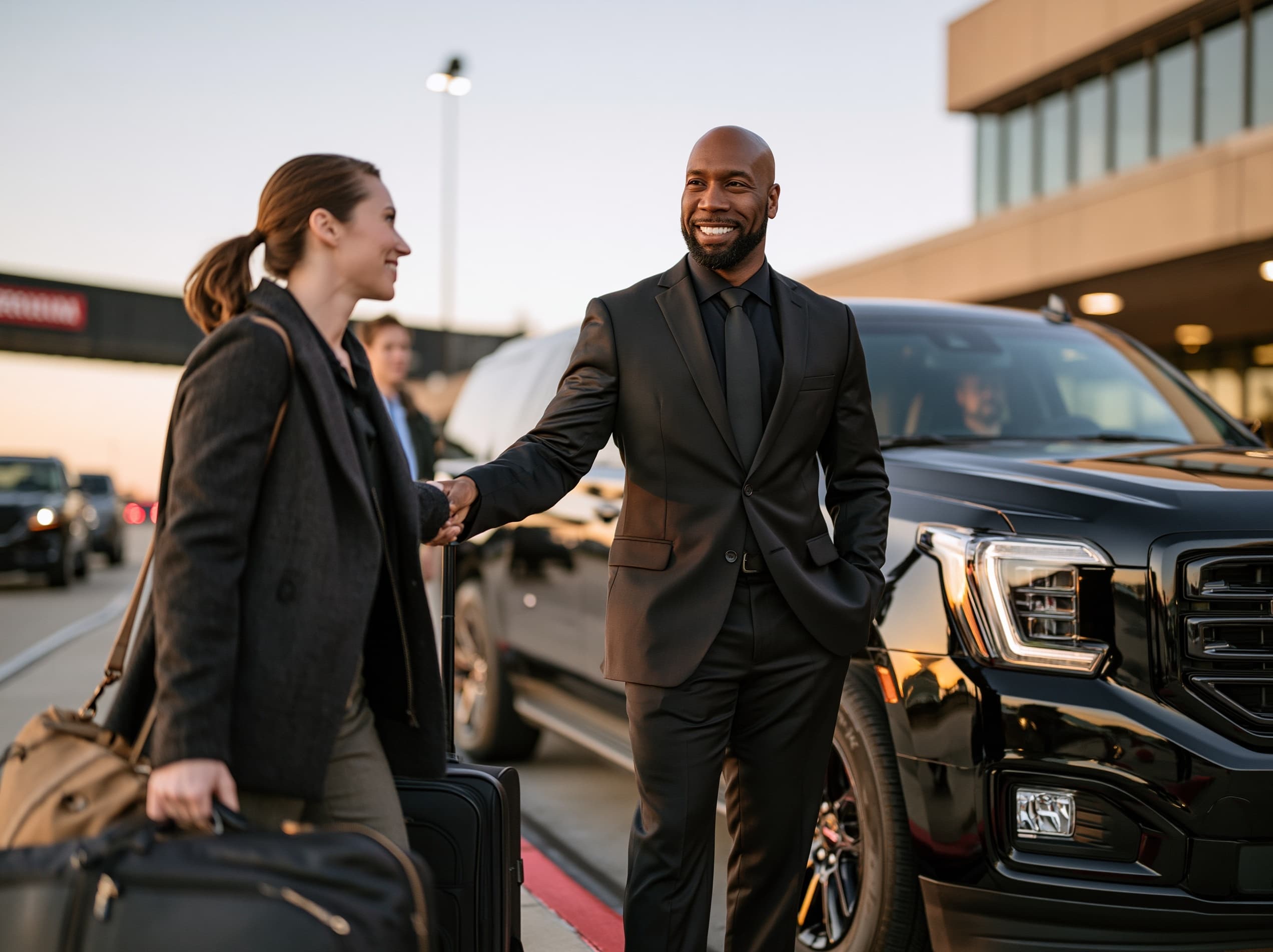 A Dominion chauffeur greeting a traveler beside a black SUV at the airport
