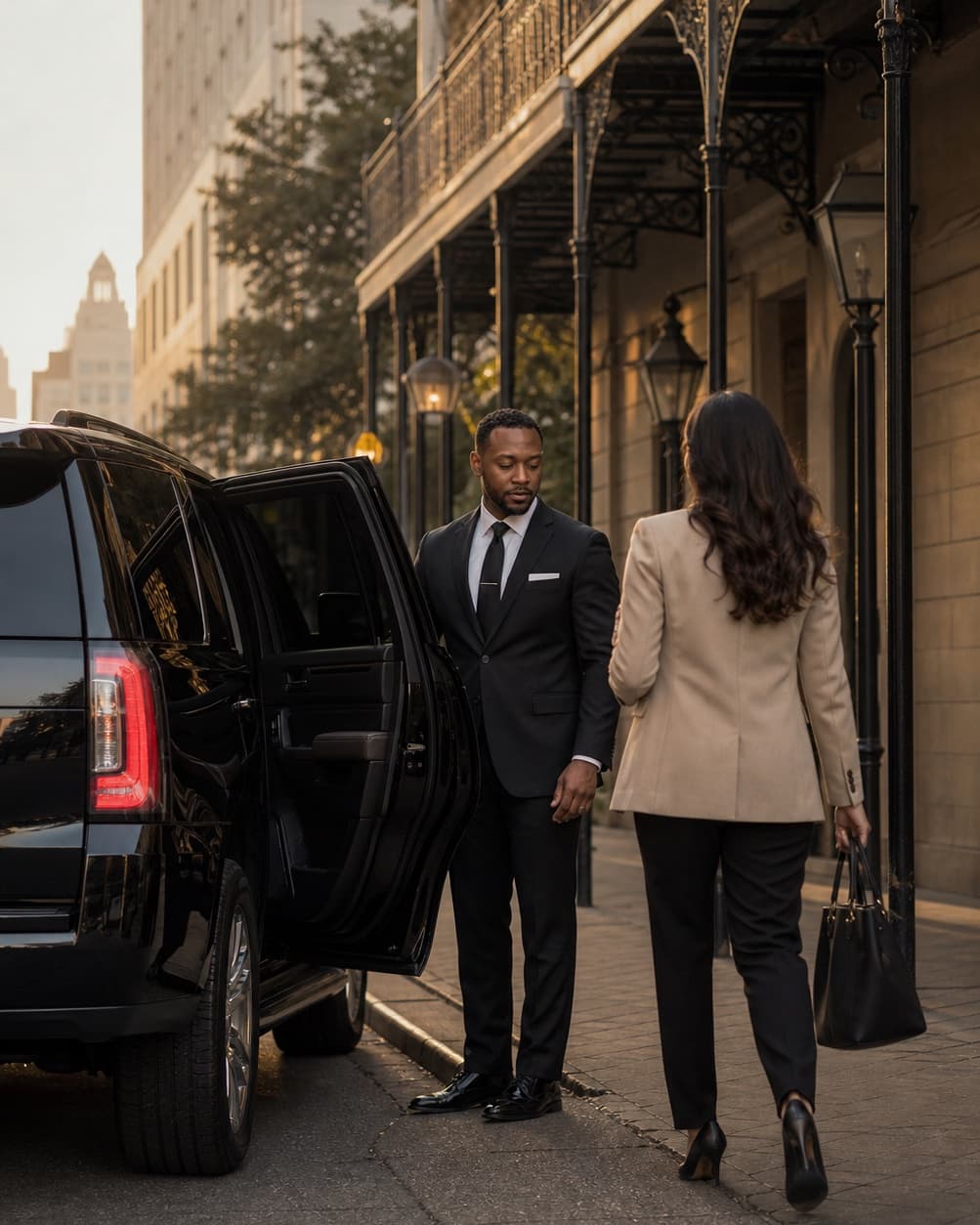 A Dominion chauffeur welcoming a guest in central New Orleans