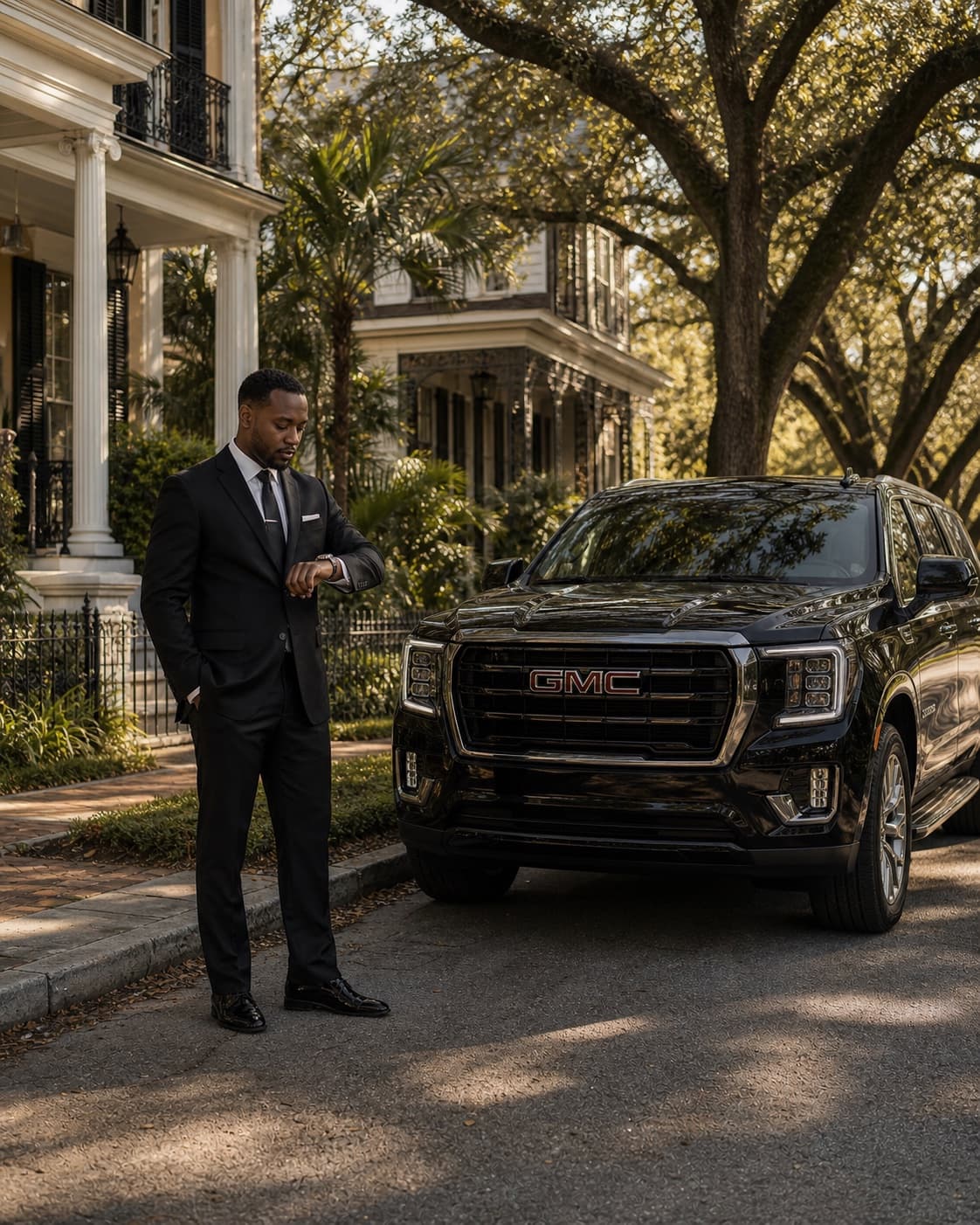 Dominion's black Yukon waiting on an oak-lined New Orleans street