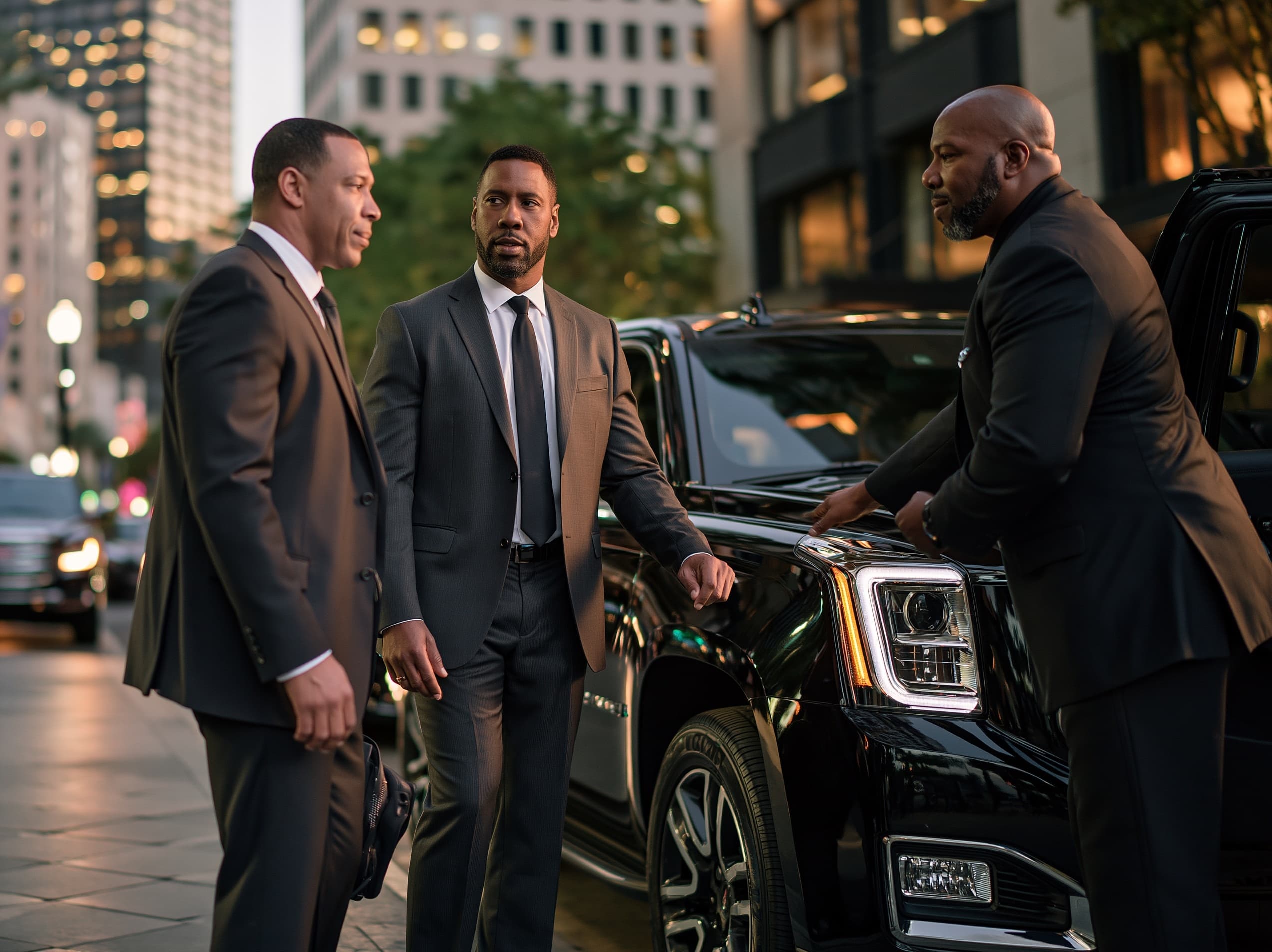 Business travelers arriving with a Dominion chauffeur in downtown New Orleans