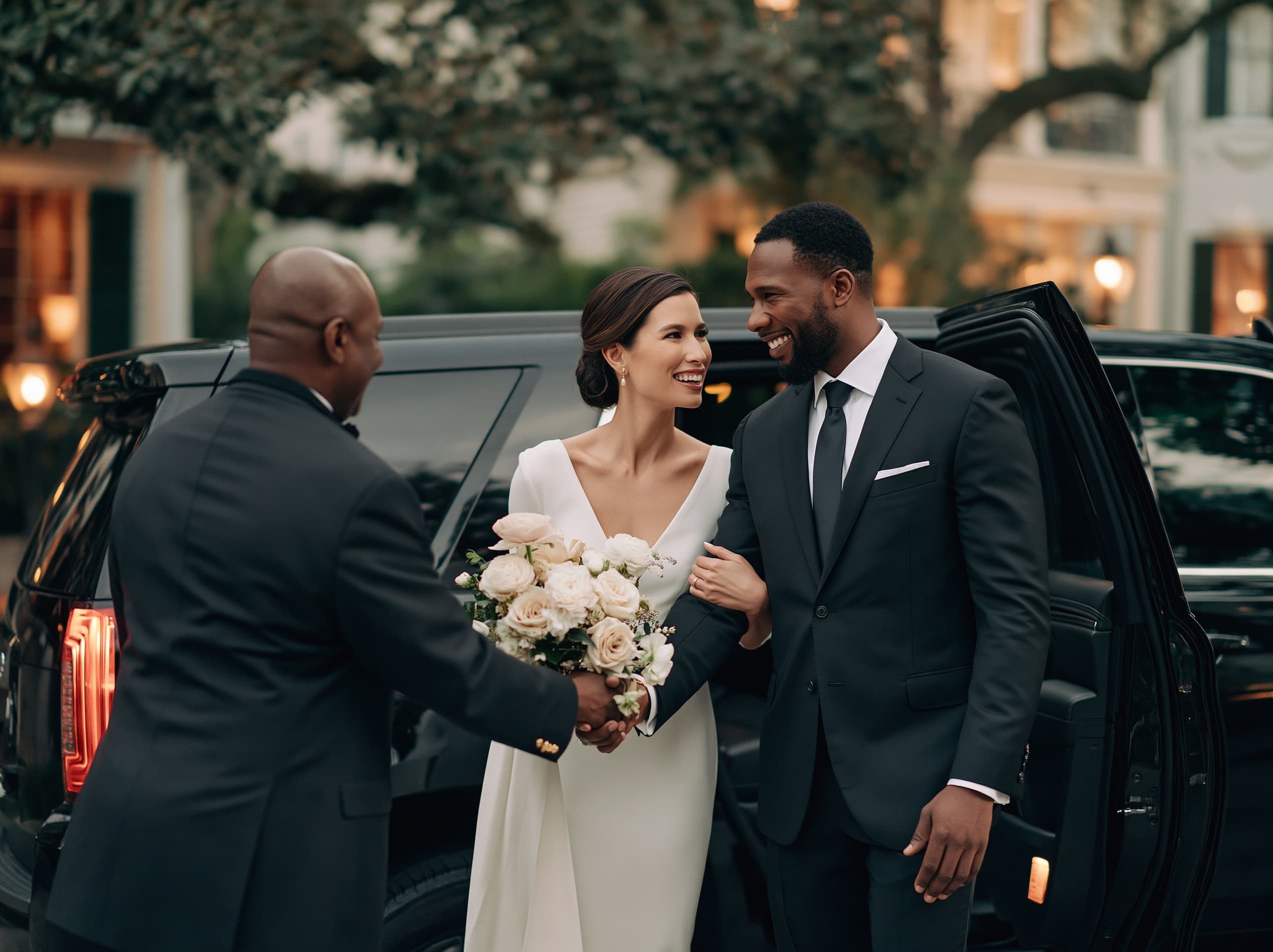 Newlyweds welcomed by a Dominion chauffeur beside a black SUV