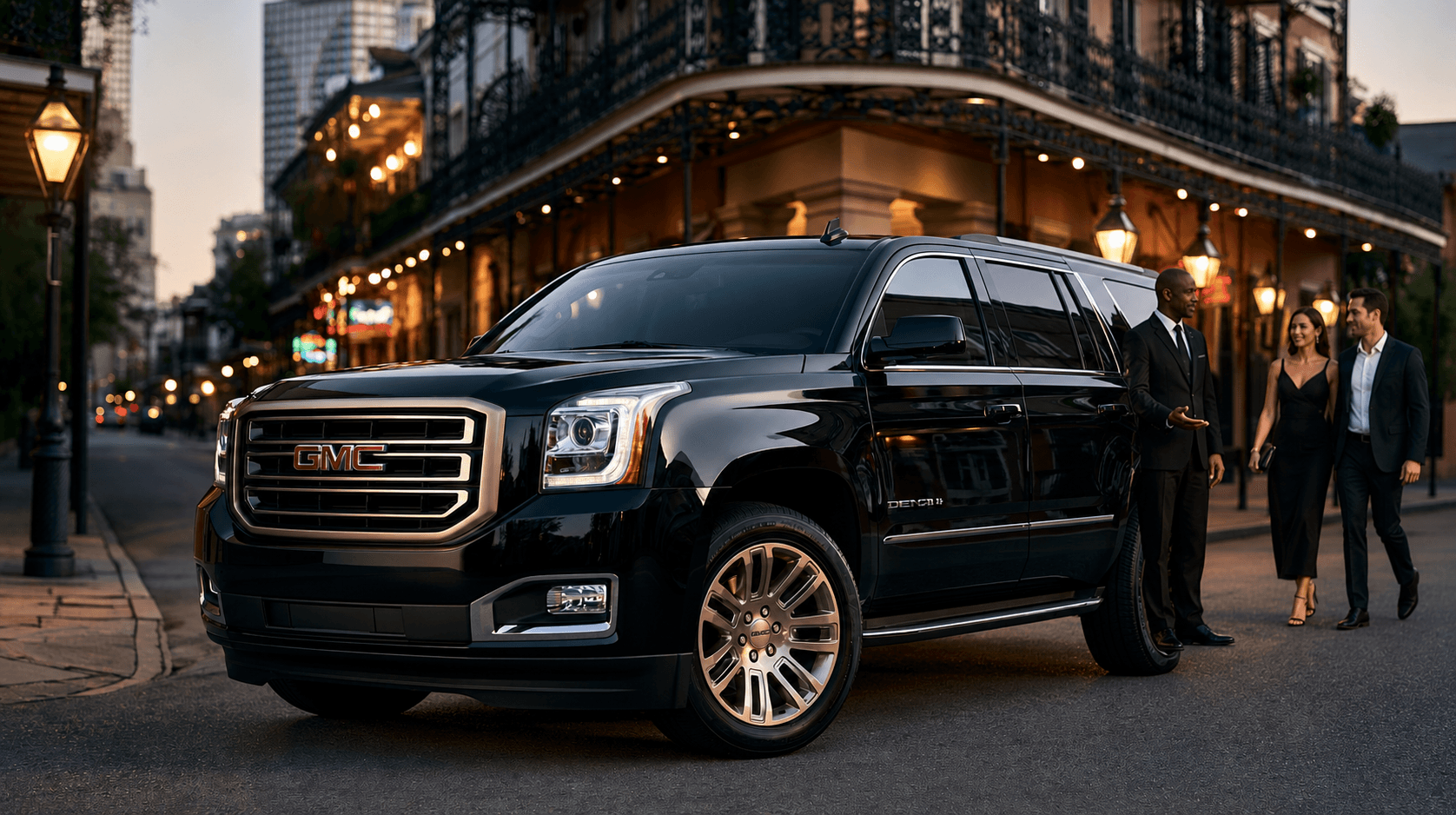Dominion chauffeur welcoming guests beside a black GMC Yukon Denali in New Orleans