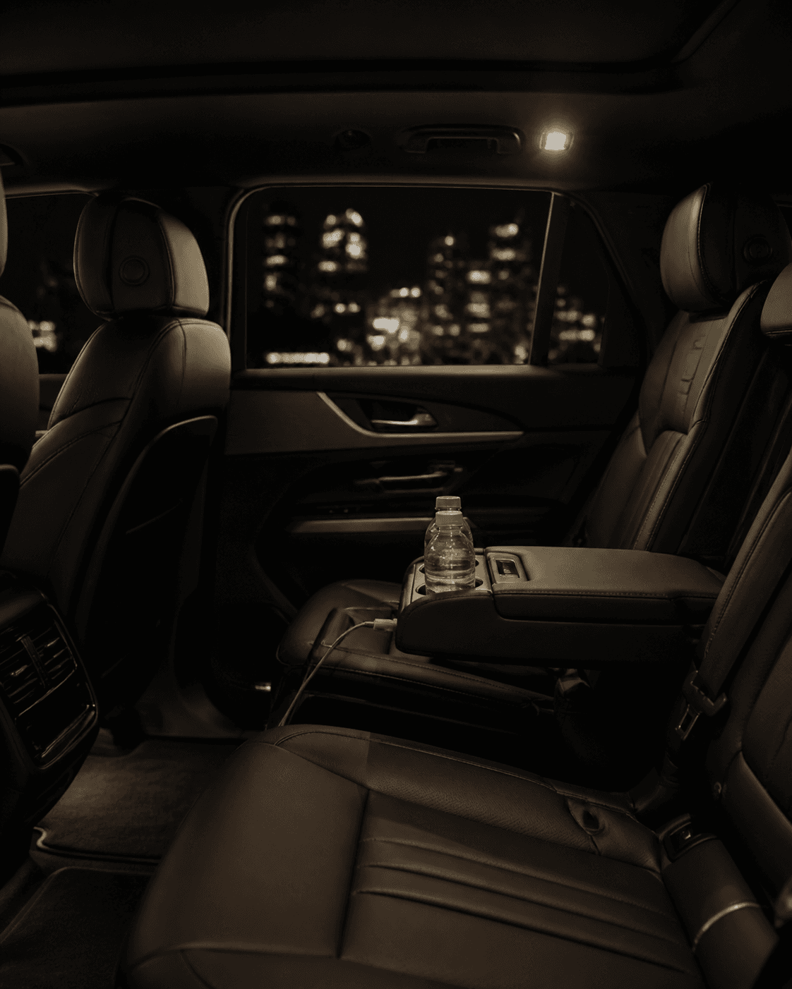 The prepared leather passenger cabin of a premium black SUV