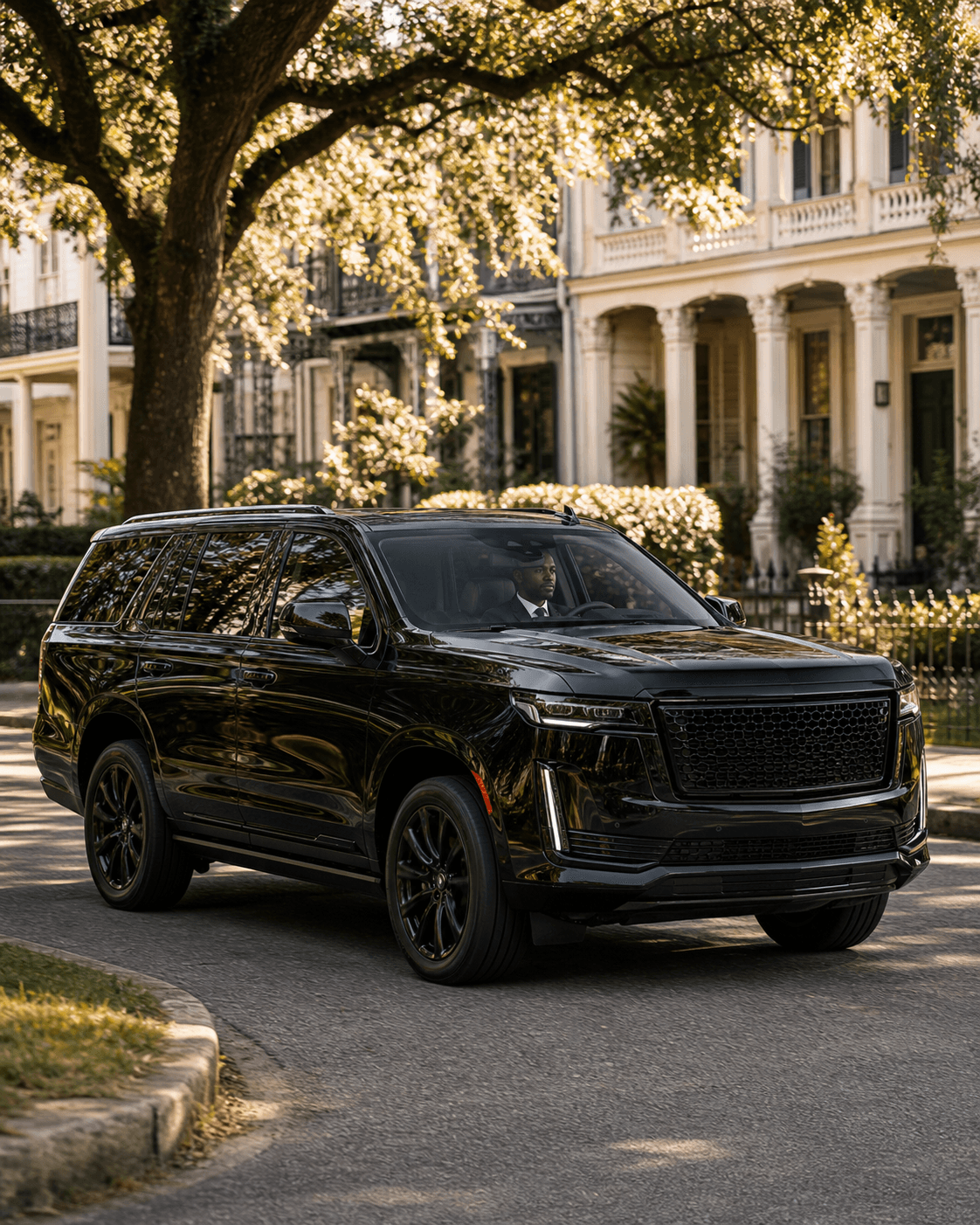 A black SUV driven through the New Orleans Garden District