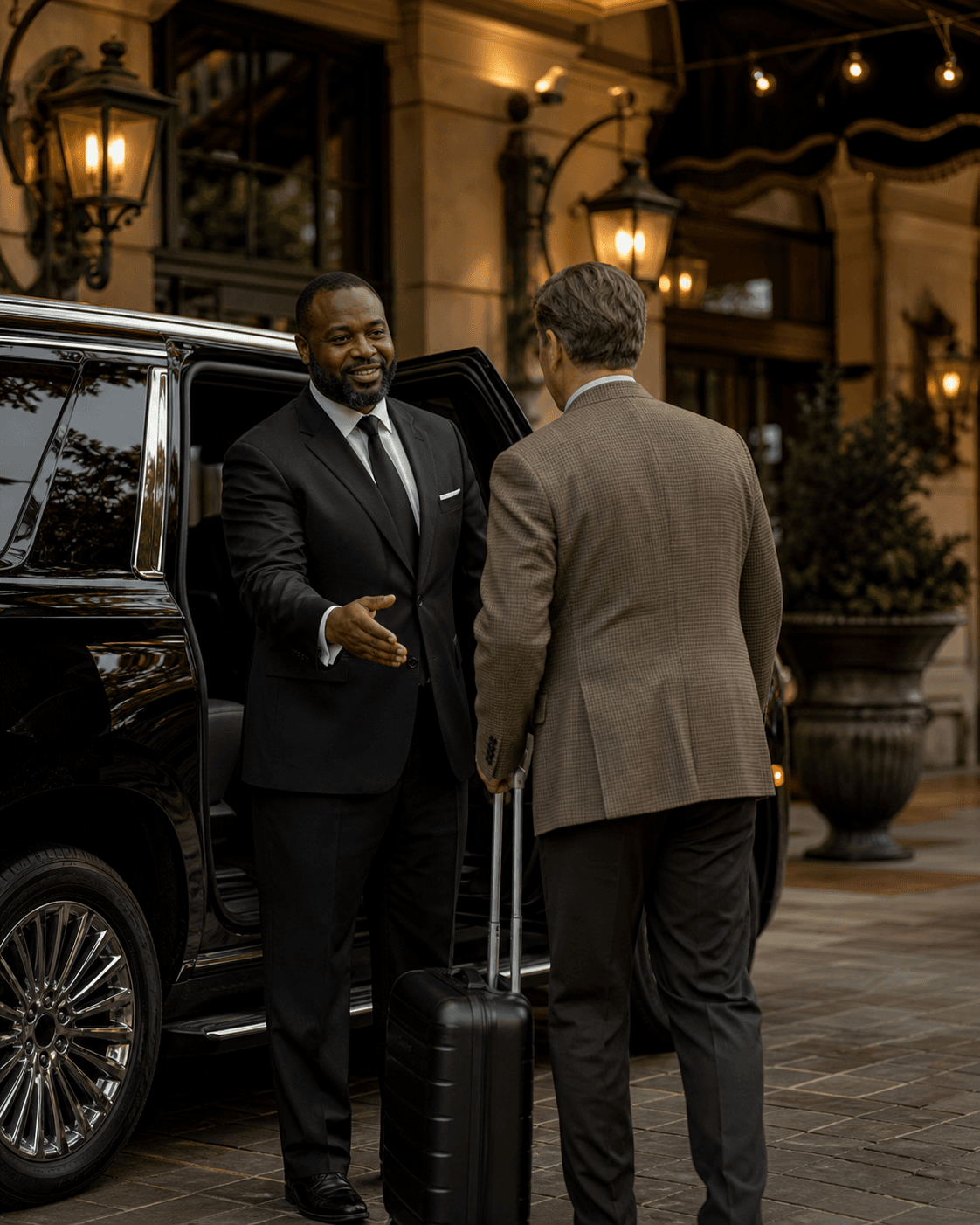 A Dominion chauffeur personally greeting a returning traveler