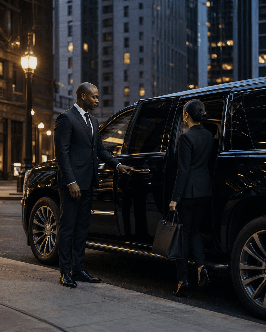A suited Dominion chauffeur opening a black SUV for a passenger