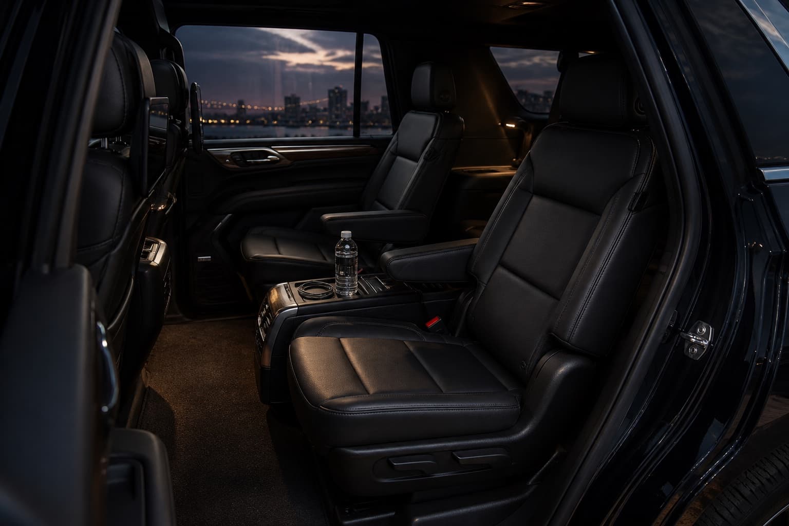 The prepared black leather passenger cabin of the Yukon Denali