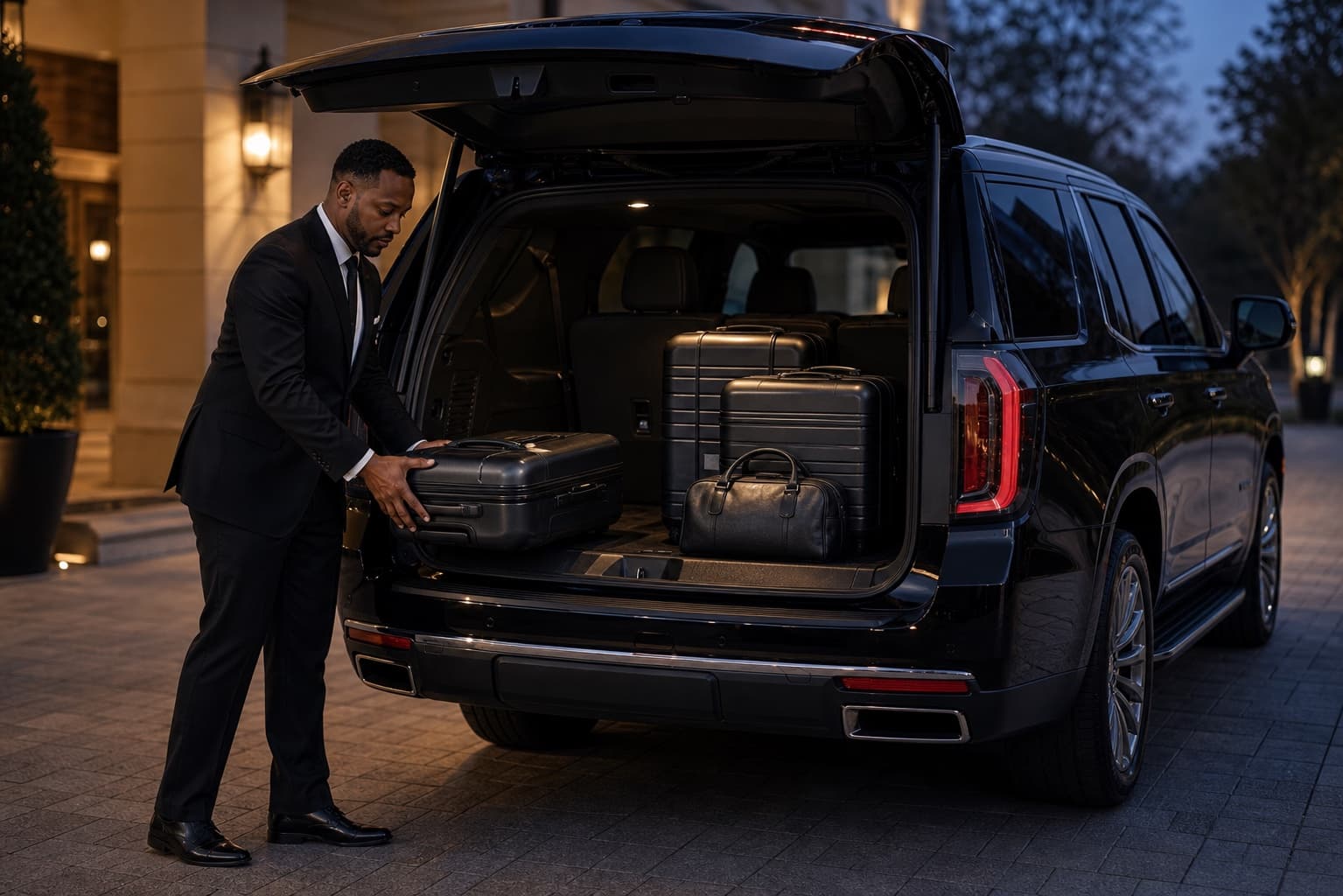 Travel luggage arranged in the cargo area of the Yukon Denali