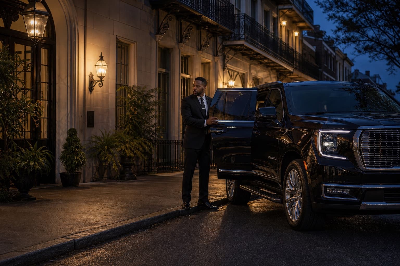 Dominion's Yukon and chauffeur waiting for an evening pickup in New Orleans