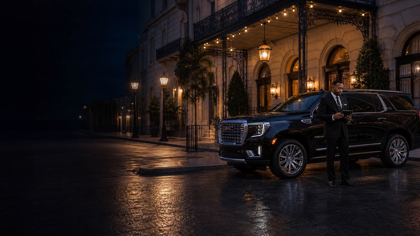 Dominion's black GMC Yukon Denali and chauffeur at a New Orleans arrival