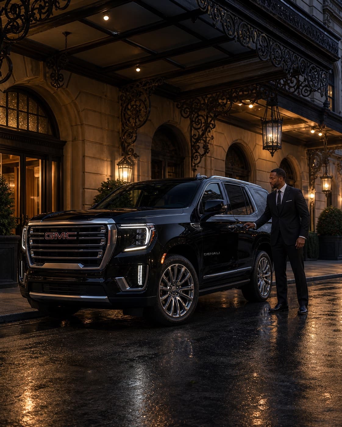 Dominion's Yukon and chauffeur ready for a passenger arrival