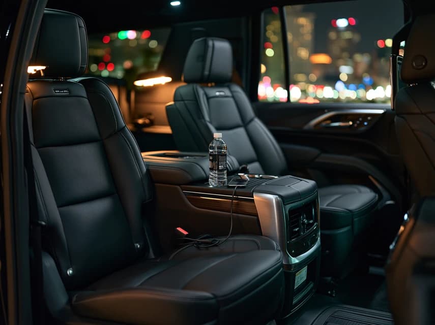 Black leather captain's chairs in the Yukon Denali passenger cabin