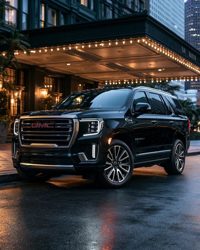 Black GMC Yukon Denali beneath a New Orleans hotel canopy